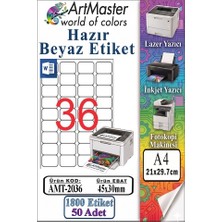 ArtMaster A4 Hazır Beyaz Etiket 45X30MM 50 Sayfa 1 Paket 36 Lı Kendinden Yapışkanlı Fotokopi Lazer Inkjet Kağıdı Yazıcılarla Uyuml
