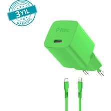 2SCG20LNY Ttec Smartcharger Gan 20W Pd Seyahat Hızlı Şarj Aleti + Usb-C - Lightning 120CM Kablo Neon Neon Yeşil
