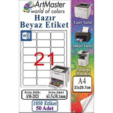 ArtMaster A4 Hazır Beyaz Etiket 63.5X38.1MM 50 Sayfa 1 Paket 21 Li Kendinden Yapışkanlı Fotokopi Lazer Inkjet Kağıdı Yazıcılarla