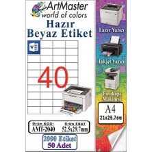 ArtMaster A4 Hazır Beyaz Etiket 52.5X29.7MM 50 Sayfa 1 Paket 40 Lı Kendinden Yapışkanlı Fotokopi Lazer Injekt Kağıdı Yazıcı Için