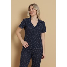Wordex Mrn 1711 Kalp Desenli Pointel Ince Kumaş Düğmeli Kısa Kollu Kadın Pijama Takımı