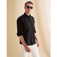 Pierre Cardin Erkek Siyah Keten Karışımlı Regular Fit Uzun Kollu Gömlek 50325356-VR046