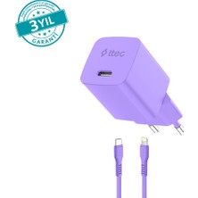 2SCG20LNMR Ttec Smartcharger Gan 20W Pd Seyahat Hızlı Şarj Aleti + Usb-C - Lightning 120CM Kablo Neon Neon Mor