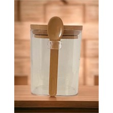 Herşey Trend Herşeytrend Kare Bambu Kapaklı Kaşıklı Kristal Plastik Baharat Saklama Kabı 500ML ( 1 Adet ) ROYALEKS-HS501