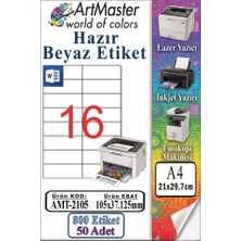 ArtMaster A4 Hazır Beyaz Etiket 105X37.125MM 50 Sayfa 1 Paket 16 Lı Kendinden Yapışkanlı Fotokopi Lazer Inkjet Kağıdı Yazıcılar