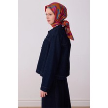 Belli Kiremit Çok Renkli Geometrik Desen %100 Twill Ipek Eşarp 4327-83