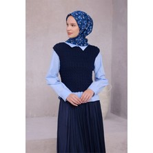 Belli Çiçek Desen Ipek Eşarp 4204D (Twıll) Mavi - 86