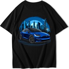 Brz Collection Unisex Oversize Blue Tesla City T-Shirt Siyah