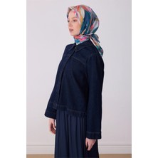Belli Petrol Yeşili Çok Renkli Çiçek Desen %100 Twill Ipek Eşarp 4315-82