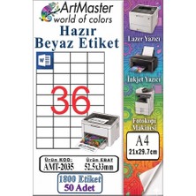 ArtMaster A4 Hazır Beyaz Etiket 52.5X33MM 50 Sayfa 1 Paket 36 Lı Kendinden Yapışkanlı Fotokopi Lazer Inkjet Kağıdı Yazıcılar Için