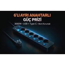 Smayling 6’lı Ayrı Anahtarlı Akım Korumalı Priz 3680W 16A 2 USB 2 Type-C 2 Metre Kablolu Çoklu Priz