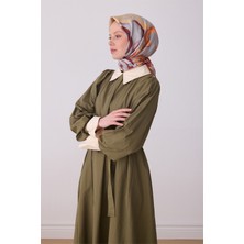 Belli Oranj Soyut Desen %100 Twill Ipek Eşarp 4301-35