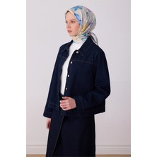 Belli Ekru Mavi Obje Desen %100 Twill Ipek Eşarp 4329-51