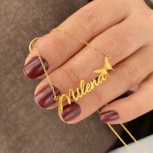 Simurg Jewellery Gümüş Altın Kaplama Isimli Kelebek Detaylı Kolye