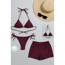 Moda Şahsenem Kadın 3'lü Set Bordo Şortlu ve Yandan Bağlamalı Bikini Mayo Takımı