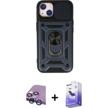 Marsilyan™- iPhone 14 Kılıf Ahenk Klasik - Siyah Bilvis 5in1 5d Magic Hayalet Cam Ekran Koruyucu + Mavi Raze Metal Kamera Lens