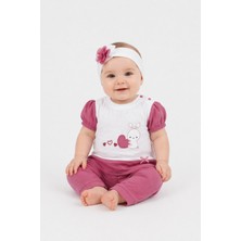 Dinamik çocuk Kız Bebek 3'lü Takım Kalp Tavşan Nakışlı Bandanalı Alt Üst Set Yazlık %100PAMUK 0-3-6-9AY