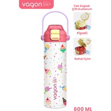 Vagonlife 600 ml Tek Kapak Çift Kullanım Pipetli Rahat Içim Kulplu Paslanmaz Çelik Termos FF1111-600ML