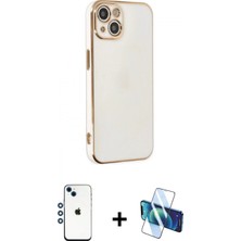 Marsilyan™- iPhone 14 Kılıf Yankı Serisi - Siyah 3D Antistatik Cam Ekran Koruyucu + Mavi Shine Kamera Lens