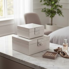 Lussart Collection 2 Li Dekoratif Cam Kutu-Krem Rengi (Büyük Kutu Ölçüsü 22X22X10,5 Cm-Küçük Kutu Ölçüsü 17X17X8 Cm)