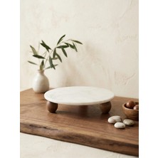 Faralya Home Doğal Beyaz Mermer Ahşap Ayaklı Yuvarlak Sunum Tabağı ve Dekoratif Stand -Çap: 28 Cm,yükseklik: 5 cm