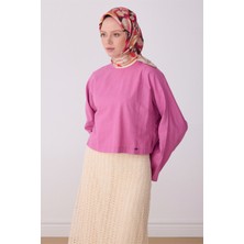 Belli Pembe Çok Renkli Çiçek Desen %100 Twill Ipek Eşarp 4312-35
