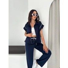Win Moda Kadın Modal Kumaş Biyeli Fermuarlı Yelek Takım Bol Paça Modern Ikili Takım Günlük Şık Rahat Kombin
