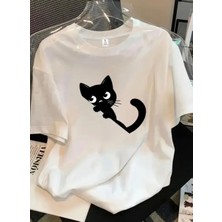 Kids Face Özel Tasarım Siyah Minik Kedicik Baskılı %100 Pamuk Kız Çocuk Şık T-Shirt