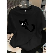Kids Face Özel Tasarım Siyah Minik Kedicik Baskılı %100 Pamuk Kız Çocuk Şık T-Shirt