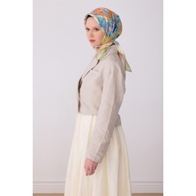 Belli Mavi Çok Renkli Obje Desen %100 Twill Ipek Eşarp 4324-81