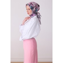 Belli Pembe Çok Renkli Çiçek Desen %100 Twill Ipek Eşarp 4330-85