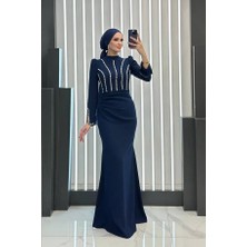 Esila Butik Suzana Kumaş Hakim Yaka Taş Detaylı Tesettür Abiye Elbise