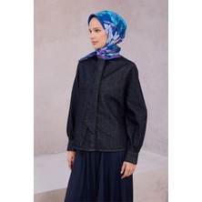 Belli Mavi Mor Çiçek Desen %100 Twill İpek Eşarp 4219 - 57