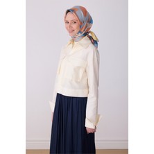 Belli Mavi Çok Renkli Çiçek Desen %100 Twill Ipek Eşarp 4306-07