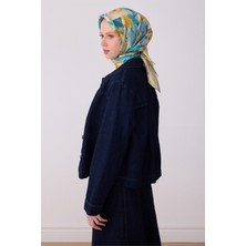 Belli Mavi Çok Renkli Soyut Desen %100 Twill Ipek Eşarp 4310-83