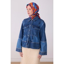 Belli Lacivert Çok Renkli Obje Desen %100 Twill Ipek Eşarp 4307-55