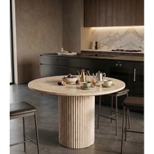 NZ Collection Modern Traverten – 120 cm Yuvarlak Yemek Masası – Ikonik Sütun Tasarım – %100 Doğal Taş