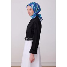 Belli Saks Çok Renkli Geometrik Desen %100 Twill Ipek Eşarp 4327-51