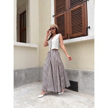Minaaise Kahve-Ekru Çizgli Astarlı Uzun Etek Beli Lastikli 31032