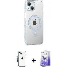 Marsilyan™- iPhone 14 Kılıf Yörünge Koleksiyonu - Siyah Bilvis 5in1 5d Magic Hayalet Cam Ekran Koruyucu + Mavi Shine Kamera Lens