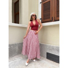 Minaaise Bordo-Ekru Çizgli Astarlı Uzun Etek Beli Lastikli 31032