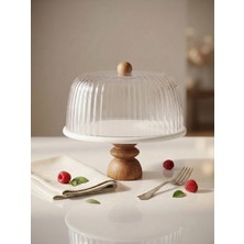 Faralya Home Doğal Beyaz Mermer 25 cm Ahşap Chintika Ayak Plastik Fanuslu Sunum Standı Pasta,kek Sunumluk