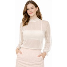 Shebara Transparan Şifon Bluz Gipe Detaylı