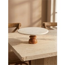 Faralya Home Doğal Beyaz Mermer Ahşap Chintika Ayaklı 25 cm Kek Standı Pasta Sunumluk Ayaklı Sunum Stant