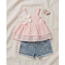 Eylo Bebe Çiçek Aplikeli Güpür Detaylı Kız Bebek Kot Şortlu 2'li Takım %100 Pamuk