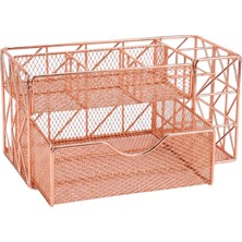 Temel Rose Gold Metal Mesh Masaüstü Organizer Çekmeceli Çok Bölmeli 21.8X11.5X11 cm 9510