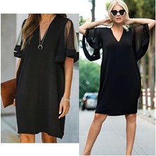 Kendim Fashion Kadın Tüllü Kısa Kollu V Yaka Krep Elbise