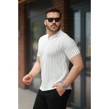 Kendim Fashion Erkek Yakalı Çizgi Desenli Kısa Kollu Tişört