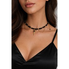 Aurevyn Design Tasarım Zincir Detay Siyah Kristal Cam Boncuk Kolye