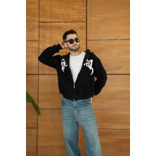 Kendim Fashion Erkek Kapüşonlu Sweatshirt  Hoodie 3 Iplik Şardonlu Pamuklu Kumaş, Önü Baskılı, Fermuarlı Rahat Kalıp, Kışlık ve Sokak Stili Sweat - Siyah